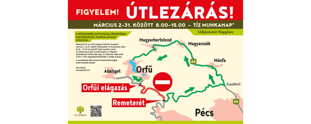 Teljes útzárra kell számítani a Pécs Remeterét – Orfű közötti útszakaszon márciusban